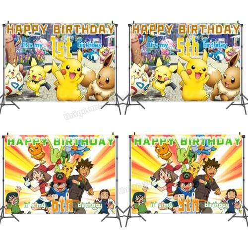 Pikachu Birthday Party Backdrop Pokemon Anime 3DPrinted Backdrop Happy Birthday Background Wall Photography Decoration Kid Gift
