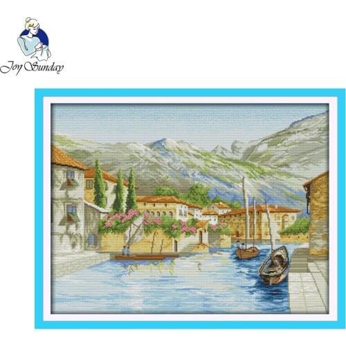 Joy Sunday scenic style A lake side town scenery counted and stamped 11CT 14CT cross stitch patterns free ship for home deceor