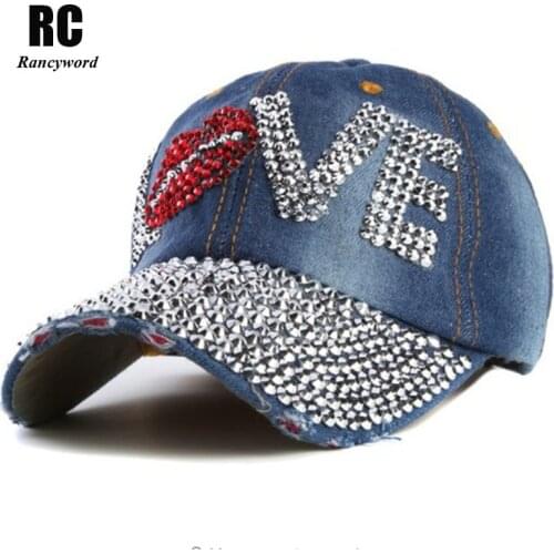 Love rhinestone crystal Hat women Denim baseball cap Vintage Female Sexy lips jean hats Point drill pearl cowboy caps RC1062
