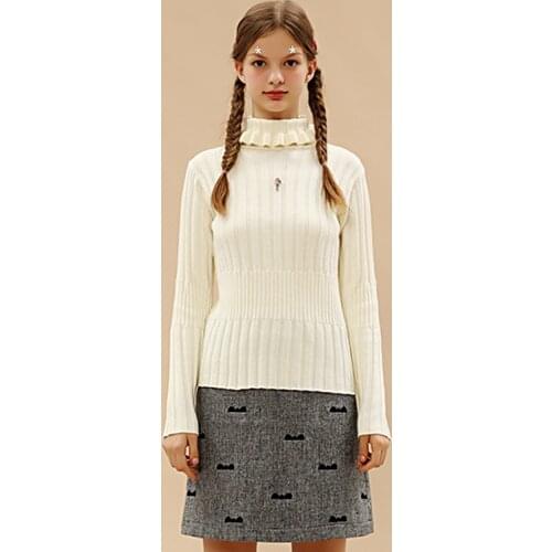 Preppy Style Sweet Women Winter White Elastic Sweater Turtlenect Ruffles Cartoon Patchwork Slim Thick Warm Knitted Jumper Tops