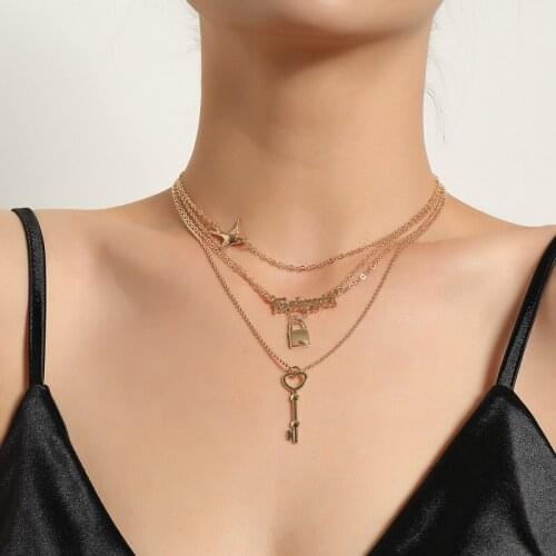 Fashion Multilayer Letters Lock Key Pendant Necklace for Women Vintage Geometric Chains Clavicle Necklace Colar Jewelry Gift