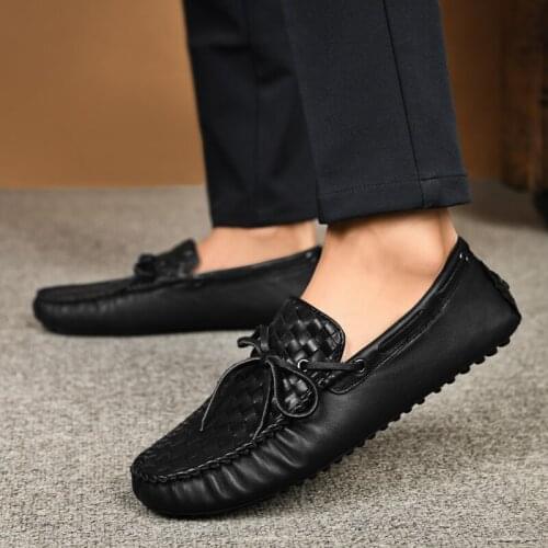 Genuine Leather Casual Shoes Men Summer Luxury Flats Mens Loafers High Quality Slip On Black Weave Office Handmade Driving Shoes
