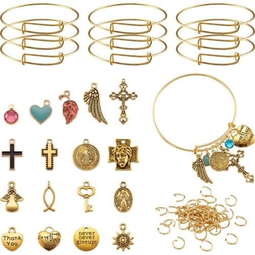 1 Set Adjustable Brass Expandable Bangle Making with Glass Charms Stainless Steel Jump Rings, Pendants DIY Making Bracelet