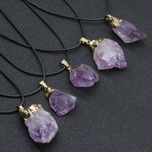 Retro February Birthstone Raw Mineral Crystal Quartz Pendant Necklace Reiki Healing Choker Natural Amethysts Necklaces for Women