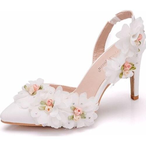 Women sandals wedding Party banquet Lace PU Rhinestones Slip On 9CM Thin High Heels Pointed Toe Flowers women shoes size 35-42