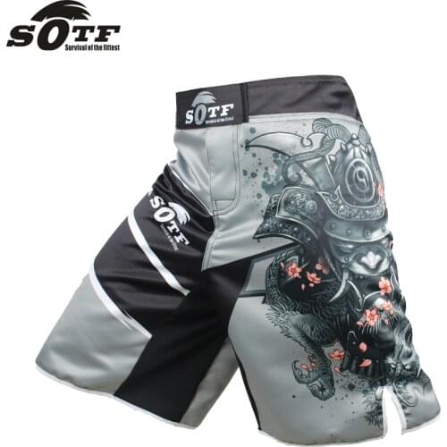 SOTF mens Japanese warrior gray sports fitness angle pants Tiger Muay Thai short kickboxing boxing shorts mma boxeo pretorian