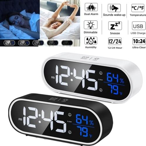 LED Mirror Alarm Clock Touch Digital Clock Sounds Control Dual Alarm with Temperature Humidity Display USB Dimmable Table Decor