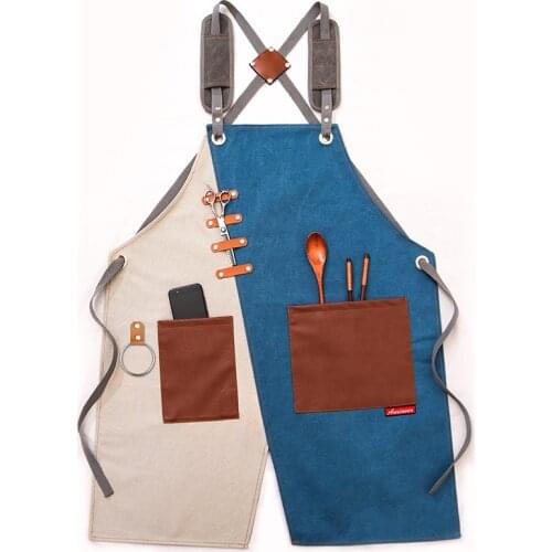 Korean Fashion Stitching Canvas Apron Barber Cleaning Apron Cooking Cafe Work Apron Wear-resistant Carpenter Apron with Pockets