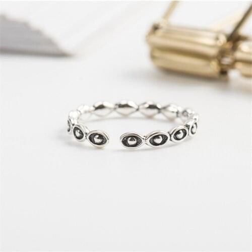 YPAY Vintage Black Pupil Eye Cross Open Ring for Women Men Real 925 Sterling Silver Adjustable Finger Rings Jewelry YMR309