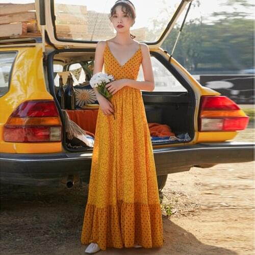Yellow Polka Dot Dress Woman Sexy V-neck Back Lace Up Long Bohemian Beach Dress female holiday vintage elegant maxi dress