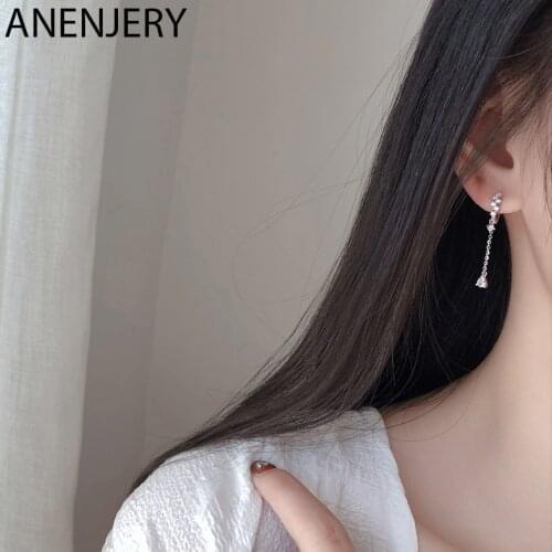 ANENJERY 925 Sterling Silver Shiny Zircon Water Drop Earrings Female Exquisite Chain Earrings Whole S-E1462