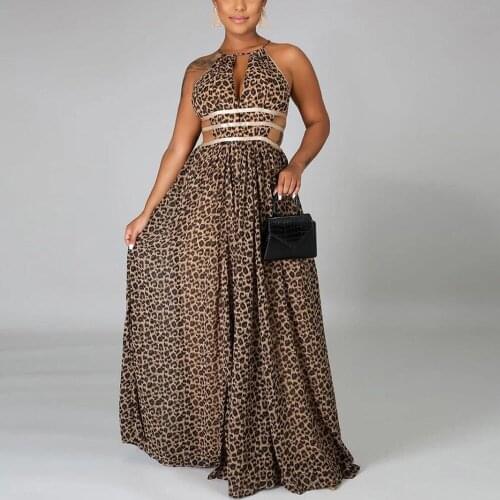 Sexy Leopard Print Slim Dress Women Halter Sleeveless Hollow Out High Waisted Floor Length Elegant Evening Night Club Vestidos