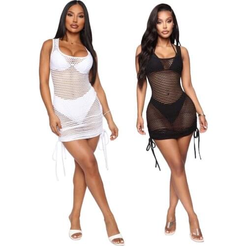 Nightclub Style Womens Clothing Sexy Sleeveless Fashion Strappy Personality Hollow Stretch Perspective Grid Solid Color Dress
