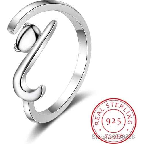 100% 925 Sterling Silver Sticky Cat with Long Tail Finger Ring Women Ring Adjustable Engagement Ring Jewelry SCR220