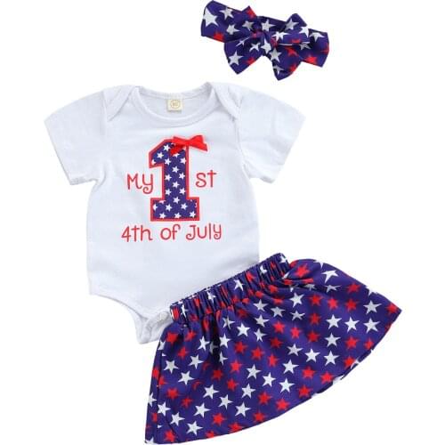 2021-04-19 Lioraitiin 0-18M Infant Baby Girl My First 4th of July Outfits Short Sleeve Letter Print Romper Star Skirt Headband