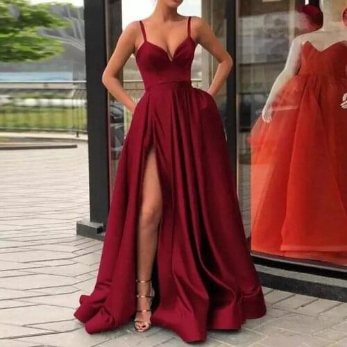 2021 Sexy Burgundy Evening Dress Spaghetti Straps Satin Floor Length Split Elegant Plus Size Evening Prom Party Gowns