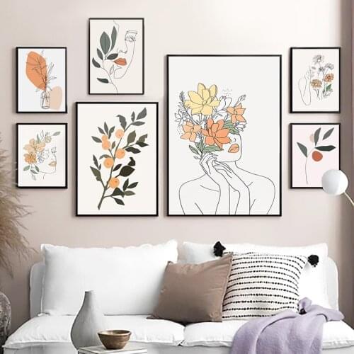 Abstract Flower Woman Face Line Orange Wall Art Canvas Painting Nordic Posters Prints Wall Pictures For Living Room Home Decor