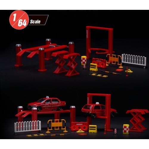 XCARTOYS 1/64 Vehicle repair tools model lift road cone guardrail repair tools traffic facilities