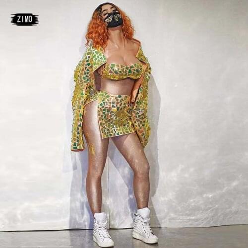 Gold Sequin 3-piece Set Bra skirt Jacket Women Party DJ Stage Outfit Sets Hip Hop Singer Dancer Performance team dance clothes