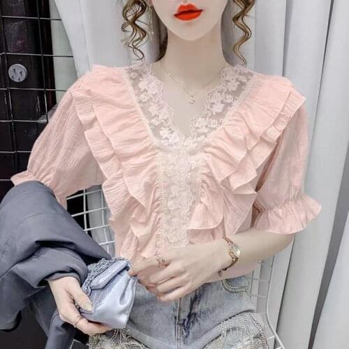 Lace V-neck Shirt Blouse 2021 Summer Korean New White Ruffled Puff Sleeve Women Top Blusa Mujer