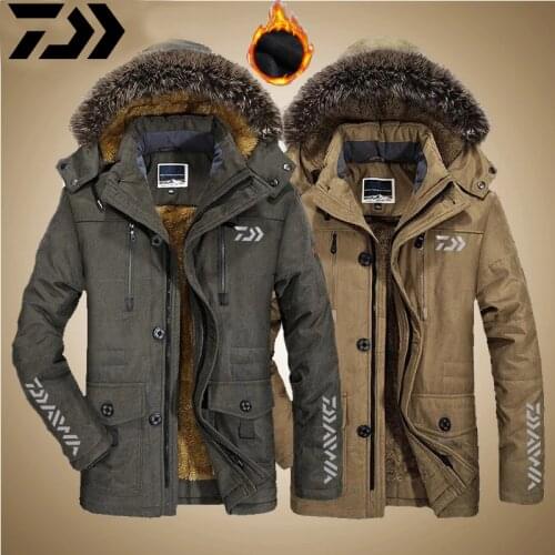 Daiwa Mens Fur Collar Windproof Winter Fishingf Fashion Jacket Men Thick Casual Outwear Jacket Plus Size 6XL Velvet Warm Coat
