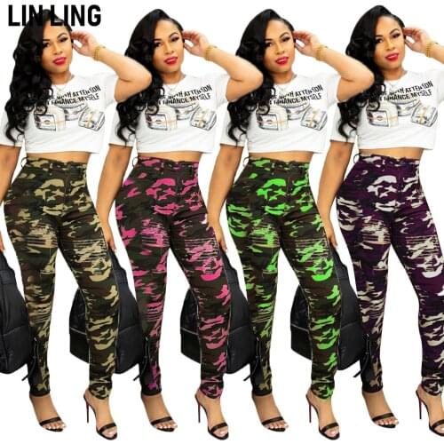 Fashion Leisure Hole Burnt Flower Slim Camouflage High Waist Jogging Slim-cut Bottomed Pants