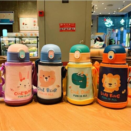 Cute Cartoon thermal mug Animal Portable Strap Children Stainless Steel Mug Baby Drinking Kettle Mini Single Lid Water bottles