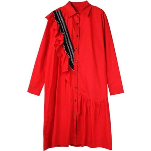 Fashion Turn-down Collar Ruffle Loose Shirt Dress Women Solid Long Sleeve Spring Dress Plus Size L-4XL Casual Vestidos Robe