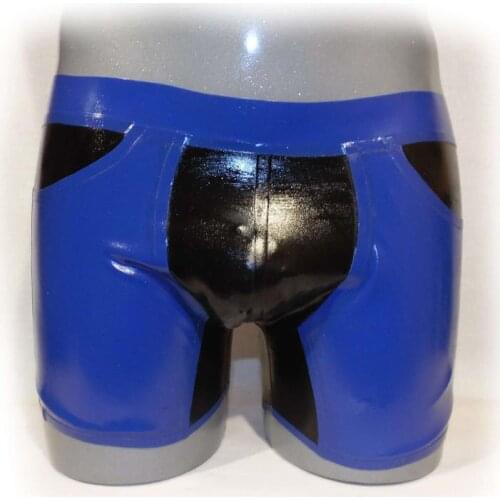 Handmade natural latex blue and black mens shorts with 2 pocket rubber panties underwear top quality hot sale