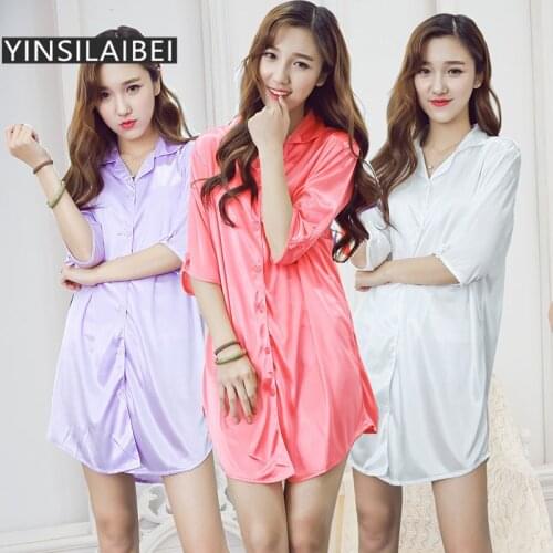 YINSILAIBEI Plus Size Womens Sexy Sleepwear Faux Silk Satin Nightgown Female Summer Perspective Half Sleeve Night Shirts #24