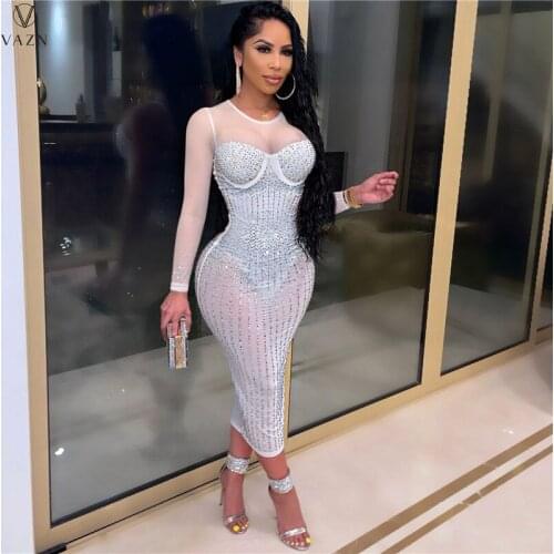 VAZN New 2021 Ladies Spring High Street Style Long Dress Long Sleeve Round Neck Zipper Appliques Ankle Length Dress