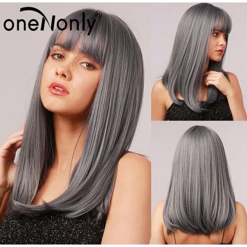 OneNonly Straight Wigs Blue Gray Hair Natural Cosplay Wig with Bangs Heat Resistant Fiber for Women