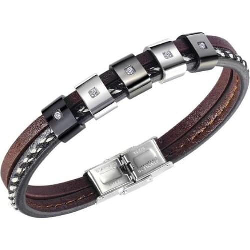 Hand-Made Braided Leather Bracelets Cubic Zirconia Stainless Steel Wristband for Men Male Handsome Jewelry