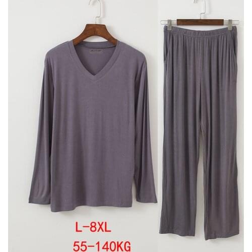 Plus Size 8XL 140KG Men Pajamas Sets V Neck Modal Long Sleeve Tops & Pants Home wear Breathable Casual Soft Male Sleepwear Sets