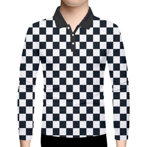 OGKB Men EU Size Black White Grid 3D Full Body Print Polo Shirts Long Sleeve Polos Summer Casual Streetwear Oversized Wholesale