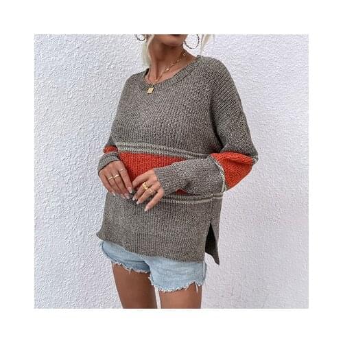 Sweater Womens Autumn And Winter New Color Contrast Stripe Split Sweater Fashion Casual Loose Lady Sweateres