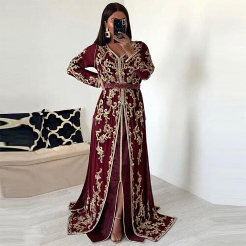 Velour Embroidered Moroccan Kaftan Evening Dresses V Neck Long Sleeves Muslim Dubai Arabic Prom Gown Special Occasion Dresses