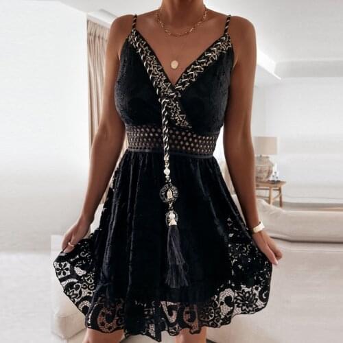 Spring Deep V Neck Backless Women Party Dress Elegant Embroidery Flower Lace Mini Dress Summer Sleeveless Hollow Out Sling Dress