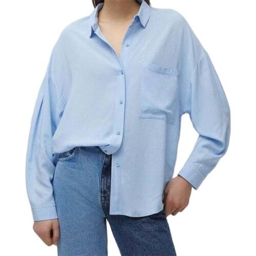 Ladies 2021 Fashion Casual Loose Solid Color Pocket Button Lapel Long Sleeve Top Streetwear