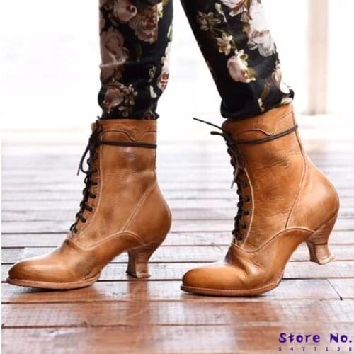Women ankle Boots Big Size med mid heels lace up Boots Booties gladiator vintage PU leather round toe Shoe HP2557 botas mujer