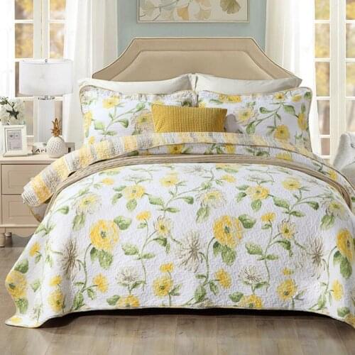 Luxury Flowers Printing 100% Cotton Quilted Bedspread Coverlet Bed Cover Set Bed Linen Pillowcases 230X250CM 3PCS Home textiles