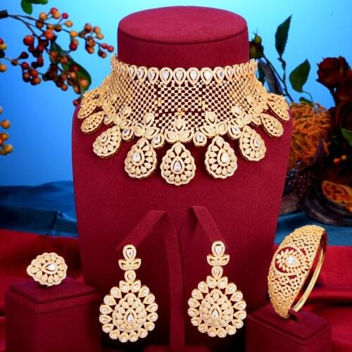 Luxury Princess Crown Flower Statement Choker Jewelry sets For Women Wedding African Cubic Zircon CZ Dubai Bridal Jewelry