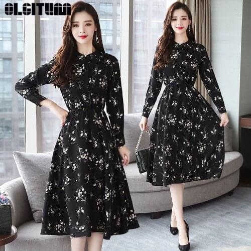Spring Autumn Black Vintage Floral Chiffon Midi Dress Plus Size Boho Dresses Elegant Women Party Long Sleeve Dress Vestido DR944