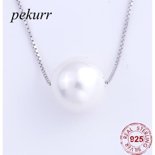 Pekurr 925 Sterling Silver 10mm Shine Round White Pearl Necklace For Women Fine Jewelry Box Chain Pendants