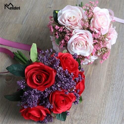 1 Bouquet Red Artificial Flower Rose Gypsophila Silk Fake Flower Bridal Bouquet For Wedding Festival Party Home Desk Decor Flore
