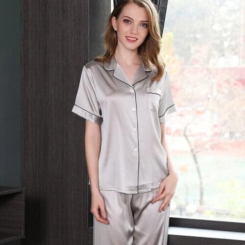 100% Pure Pajamas Suits Real Silk Pajama Short Sleeve Top +Pant Silk Pajama Set Summer Sleepwear Pyjamas Women Pijama Home Suit