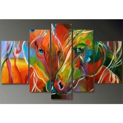 5 panels Modern Art Picture abstract colorful horse on Canvas 100% Custom handmade oil painting Drop shippping