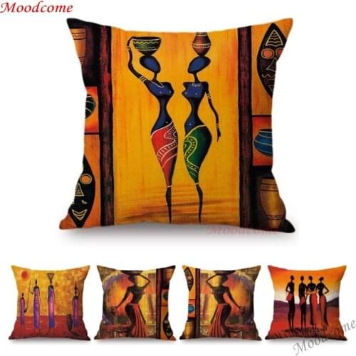 African Decoration Oil Painting Sofa Throw Pillow Case Abstract Africa Woman Girl Life Art Gallery Cotton Linen Cushion Cover