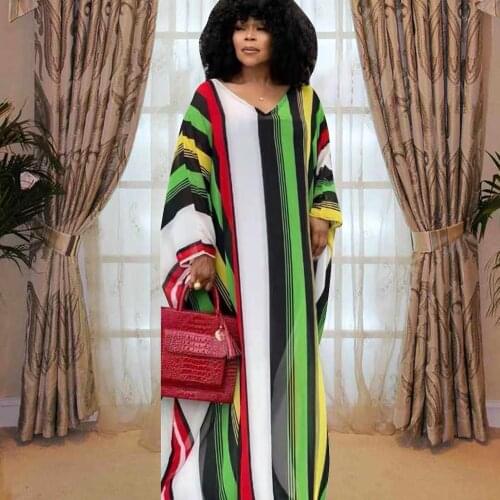 Noble African Maxi Dresses For Women Colorful Stripe Design Ladies Sexy V-collar Long Bat Sleeve Africaine Femme Elegant Robe
