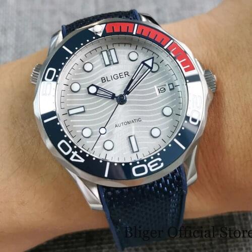 BLIGER Sapphire Crystal Mechanical Men Watch Silver Dial 24 Jewels NH35 Movement Screw Crown